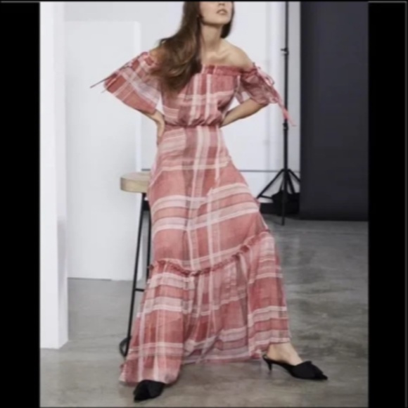Lenon x Anthropologie Plaid Off Shoulder Tiered Maxi Dress Red/Pink Size M - NWT - Picture 2 of 16